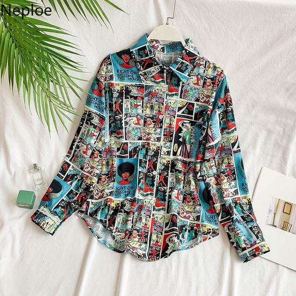 

neploe cartoon print spring 2019 new chic women fashion letter button blusa korean stand collar long sleeve blouse 430471, White