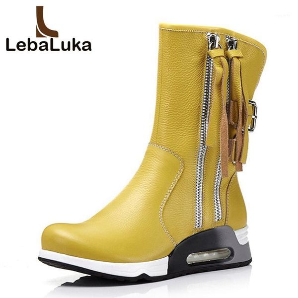 

tuyoki women genuine leather boots mid calf platform shoes woman side zipper wedge botas tassel footwear size 34-391, Black