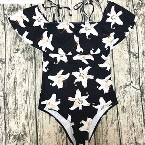 

2019 single fashion one piece swimsuit with shoulder lily pattern, White;black