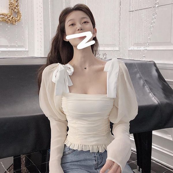 

women's blouses & shirts blouse woman square-neck puff sleeve lace-up shirt solid color slim fit long-sleeve girls ladies1, White