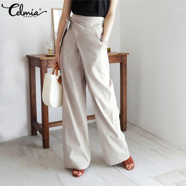 

5xl celmia vintage high waist casual linen trousers women wide leg pants bandage asymmetric palazzo loose office pantalon female1, Black;white