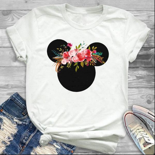 

new summer women t shirt cartoon ear flower print t shirt harajuku female tshirts funny tees summer t shirt, White
