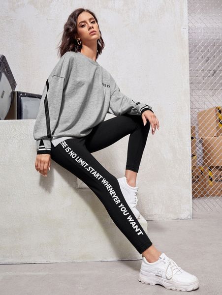 

drop shoulder letter graphic tape pullover & leggings set u3lx#, White