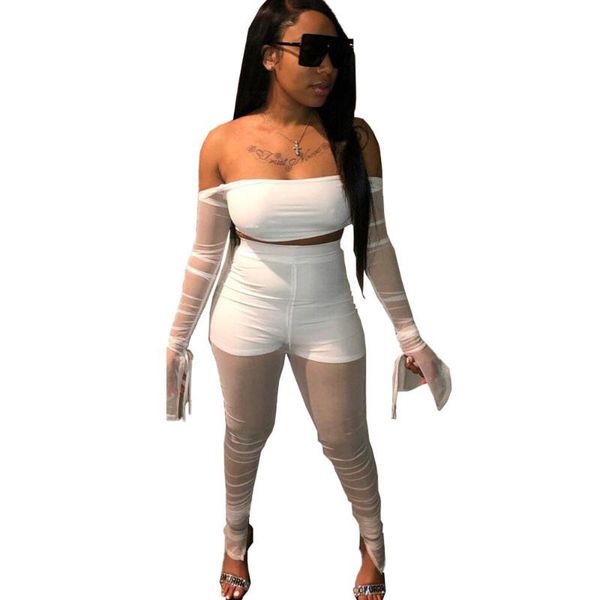 

mesh sheer 2 piece set women club outfits festival clothing off shoulder slash neck crop and pants party matching sets, Gray