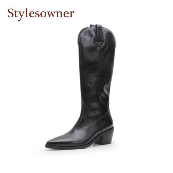 

retro western cowboy boots women autumn winter new fashion leather thick heel knight boots female pointed toe high shoes brown1, Black