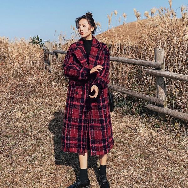 

fashionable double breasted plaid woolen coat 2021 winter new womens dress retro hepburn style overcoat /40, Black