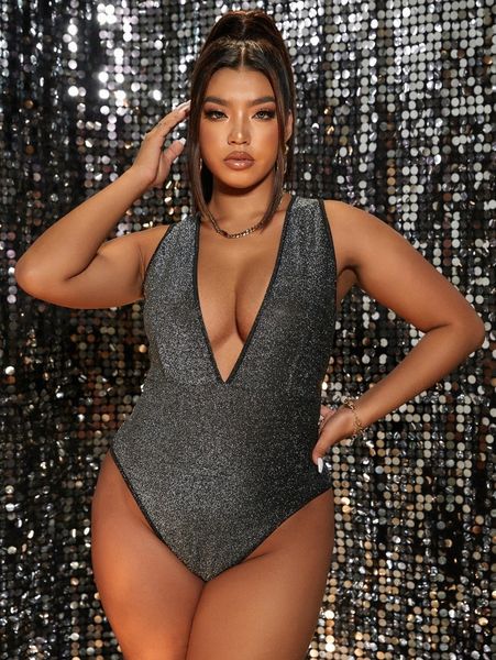 

plus plunging neck glitter bodysuit m84b#, Black