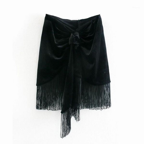 

women mini skirt autumn 2020 new fashion black velvet tassel modern lady above knee bottom1