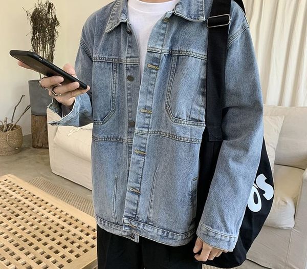 

men's jacket spring new denim jacket long sleeve single-breasted lapel solid color loose fashion street trend men's top, Black;brown