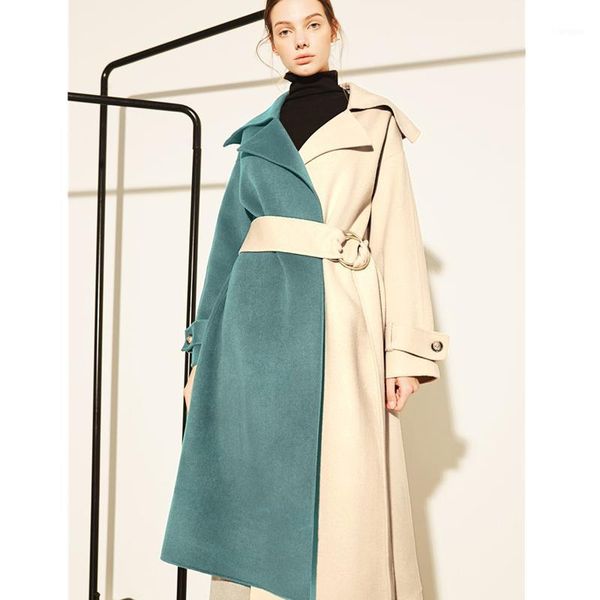 

ael patchwork double faced woolen coat for women warm hit color lace up irregular hem midi loose female overcoat winter 20191, Black