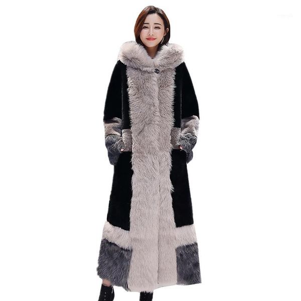

thicken winter fur coat women fashion plus velvet warm long coat single-breasted black quality fur plus size 5031
