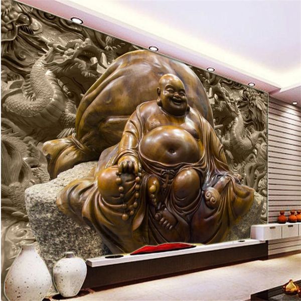 3D maßgeschneiderte Tapete Holzschnitzerei Buddha Wandbild Hintergrundwand 3D-Wandbilder Tapete für Wohnzimmer