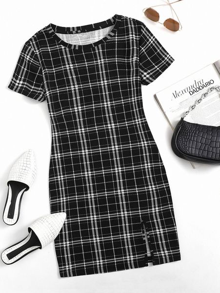 

plus slit hem plaid bodycon dress l4qt#, Black