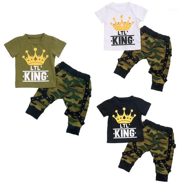

focusnorm 0-5years 2pcs clothing set toddler baby boy summer clothes short letter king printed t shirt camou pant outfit set1, White