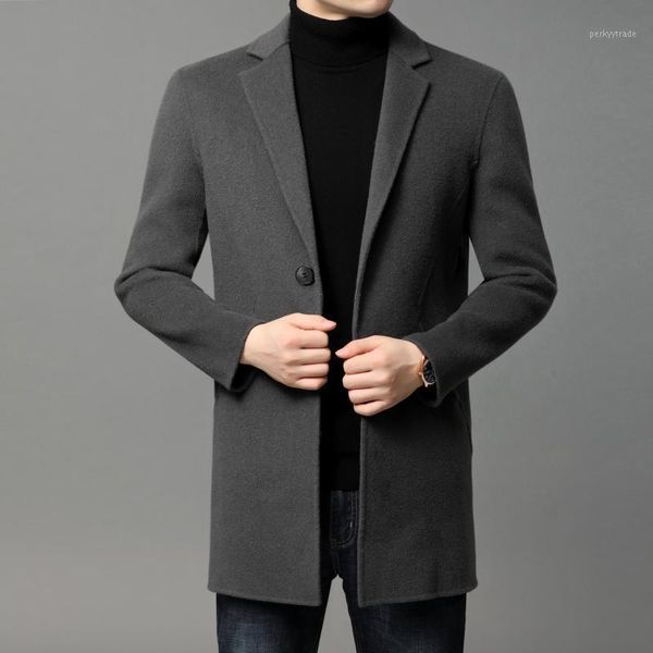 

men's wool & blends length double faced overcoat for men 2021 young and middle-aged korean casual suit collar woolen coat winter wear1, Black