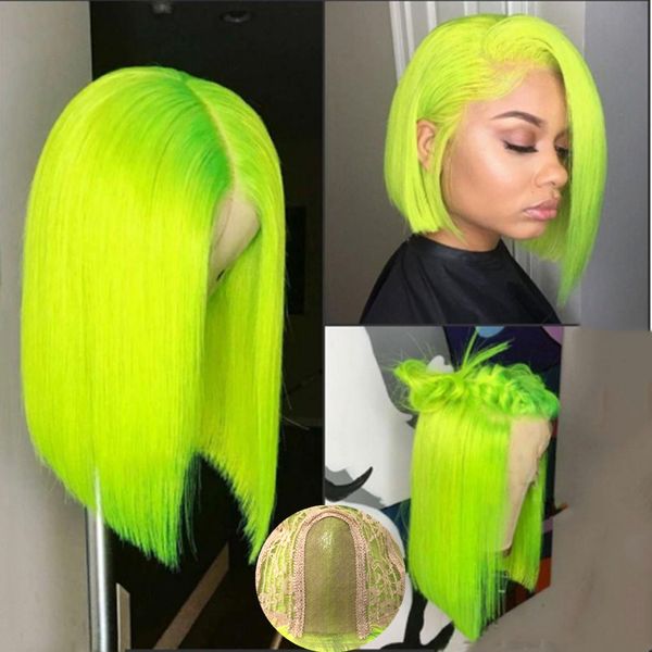 

zesen 13*4 synthetic lace front wig straight hair bob wigs ombre color and green color lace frontal cosplay short wigs for women, Black;brown