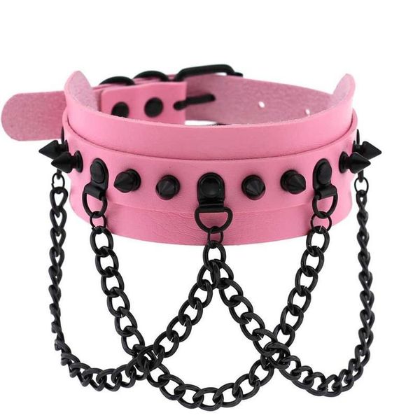 

kmvexo steampunk spike rivet gothic leather black chain necklace women men collar anime necklace rock statement emo rave qylipr, White