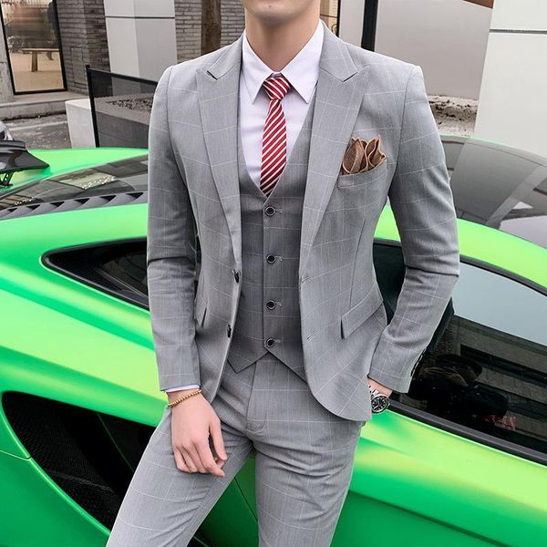 

vest (jacket + pants) luxury classic men's plaid casual wedding dress business slim tuxedo social prom men formal casual suit1, White;black