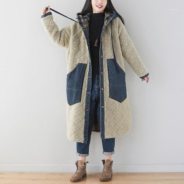 

new thicken women cotton padded coat plus size sherpa single button casual loose md-long hooded overcoats for females outerwear1, Black
