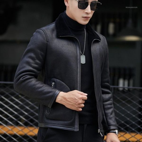 

men's leather & faux chaqueta cuero hombre motorcycle biker winter warm fur lining jacket genuine coat slim fit office casual bomber ja, Black