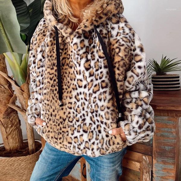 

2020 ladies faux fur' leopard printed long sleeve hooded pocket sweatshirt warmer loose pockets coat outwear jacket mujer1, Black