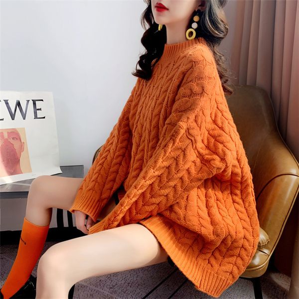

2021 new oversized female pullover solid sweater-neck-neck length mean torsion sweaters crocheted women's clothing korean fashion nm5f, White;black