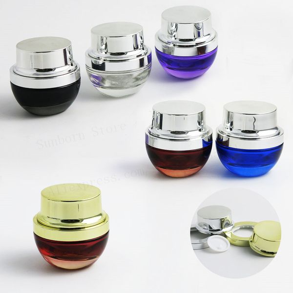 12 x Nuovo design Beauty Gold Silver Cap Glass Cosmetic Jar Skin Care Cream Bottiglie 20g 20ml contenitore nero blu chiaro viola rosso