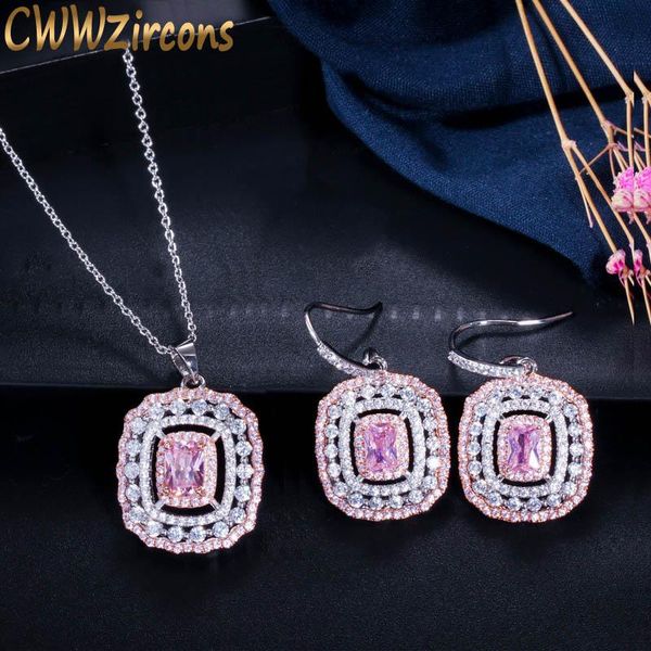 

cwwzircons new designer jewelry square pink zirconia stone drop pendant necklace earrings fashion ladies cz jewellery sets t096, Silver