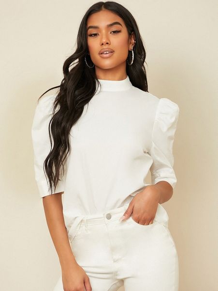 

mock neck puff sleeve keyhole neck j7eo#, White