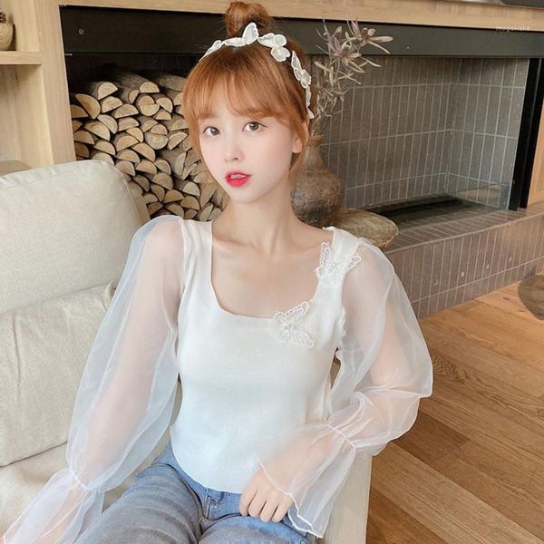 

women t shirt solid stitching puff sleeve casual t shirt sweet mesh square collar with applique knitted long sleeve .1, White