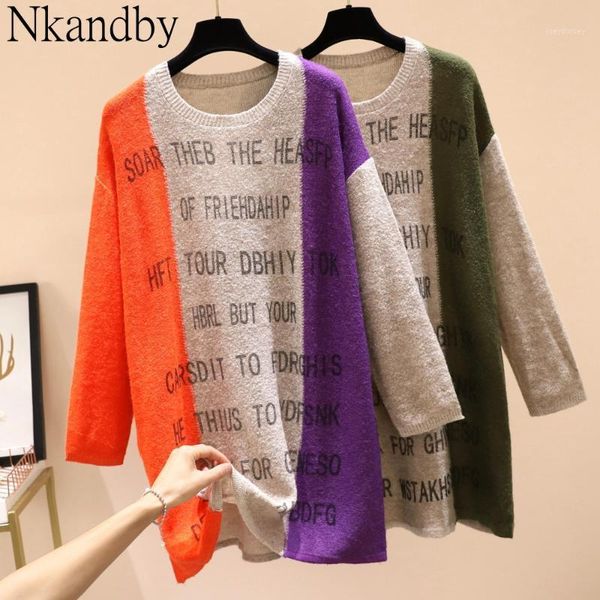 

plus sizze patchwork knit sweaters dress women 2021 autumn winter trendy loose letter print soft oversize ladies knitted dresses1, Black;gray