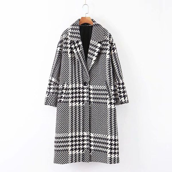 

blend houndstooth vintage wool coat women jacket winter fashion office lady loose coats long woolen single button coatx1020, Black