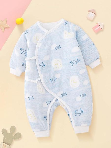 

newborn baby cartoon graphic wrap knot side raglan sleeve jumpsuit she, Blue