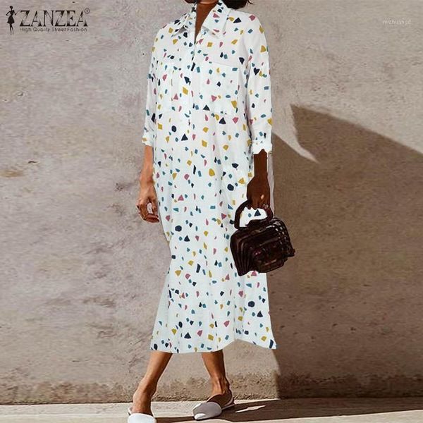 

plus size women's printed shirt dress zanzea 2020 fashion long sleeve midi sundress spring casual vestidos female button robe1, Black;gray
