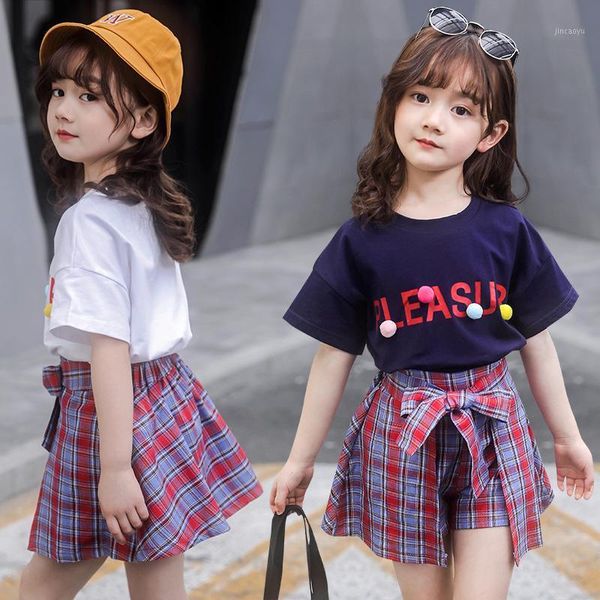 

new arrival summer clothing set for kids girls two piece letter pleasure print t-shirt + plaid skirt shorts cotton clothes sets1, White