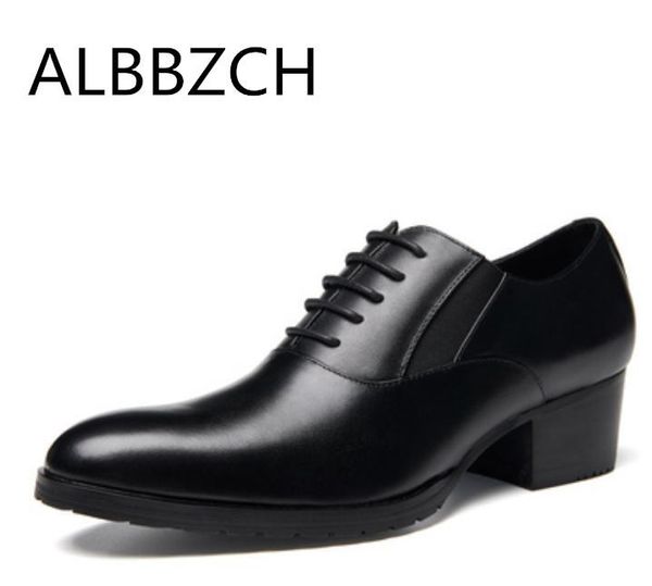 

new genuine leather oxford men shoes 5 cm high heels round toe lace career dancer work shoes height increase wedding dress, Black