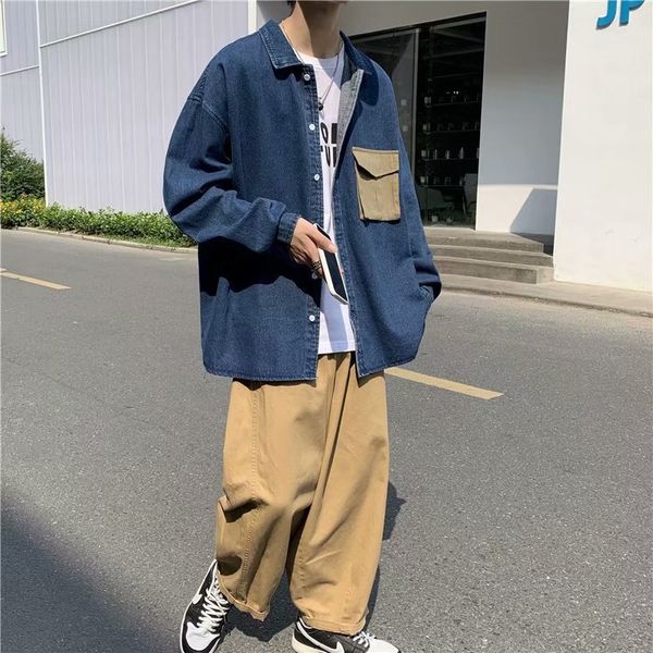 

denim men's long sleeve korean leisure trend versatile handsome shirt loose personality new coat fashion, White;black