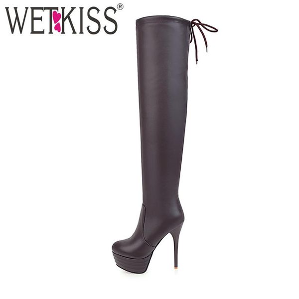 

wetkiss 2020 sexy 13,5 см тонкие высокие каблуки над коленом boots женщин платформа zipper бедренной кости высокие женский загрузки зимняя о, Black