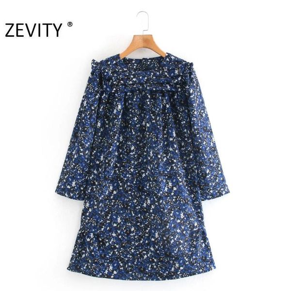 

zevity women vintage o neck press pleated ruffles print shirt dress chic office ladies agaric lace business mini dresses ds4498, Black;gray