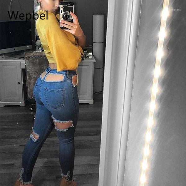 

wepbel hole high waist denim pants elastic ripped jeans women plus size summer female tight jeans pencil pants1, Blue