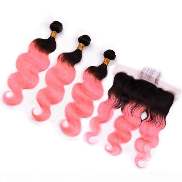 

ombre rose gold human hair bundles with frontal closure body wave #1b pink ombre peruvian human hair 3bundles with lace frontal 4pcs lot, Black;brown