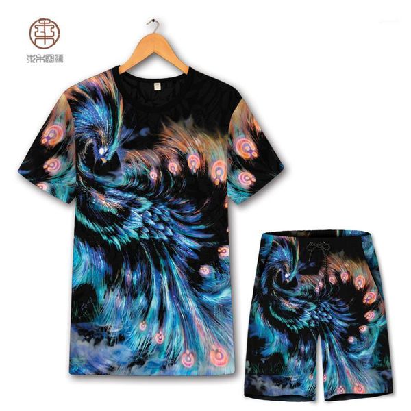 

creative exquisite peacock pattern printing t shirt and shorts suit summer 2018 hollow breathable quality mens short sets s-6xl1, Gray