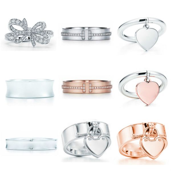 

2020 gift 925 sterling silver classic t logo tiff rings heart tiff rings rose gold silver jewelry match world jewelry for girl, Golden;silver