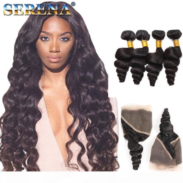 

7a ear to ear 13x4 lace frontal closure with peruvian loose wave 4 bundles with frontal closure bleached knots frontal and bundles, Black;brown