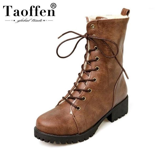 

boots taoffen women mid calf lace up plush fur winter warm casual daily fashion shoes size 33-421, Black