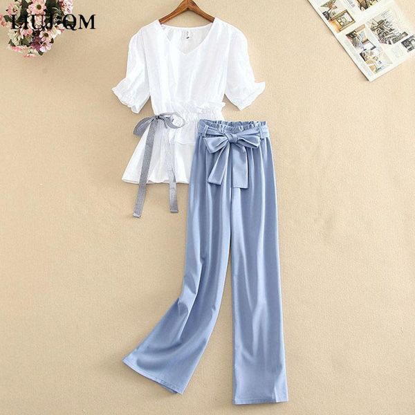 

2 piece set women 2020 summer korean style loose bow waist shirt + wide leg pants two-piece suit clothes for women ropa mujer1, White