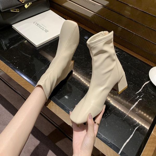 

goohojio 2020 new mid heel square toe ankle boot women solid color square heel women boot autumn all-match zipper boots ladies, Black