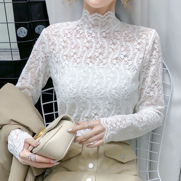 

long 2021 new women sleeves spring lace blouse half turtleneck high woman winter bottom shirt streetwear clothes mo8y, White