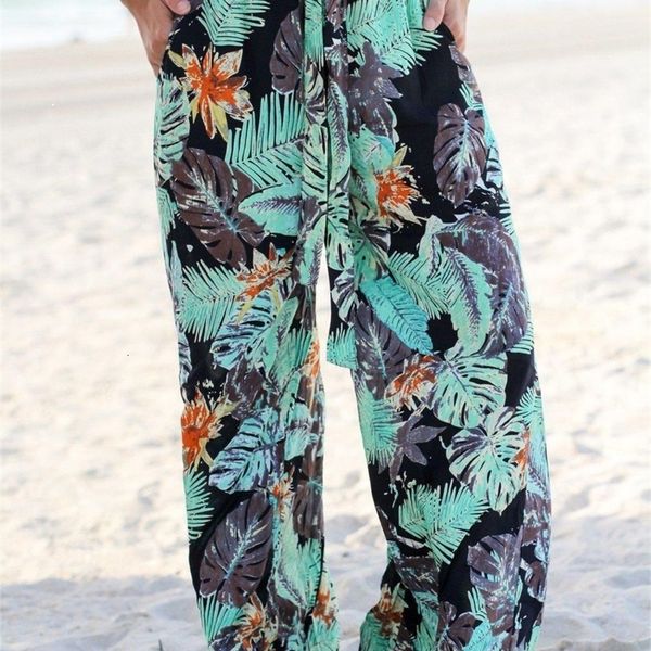 

2021 new female summer in front pocket flower leisure belt comfortable tube straight beach wide pants dp62, Black;white