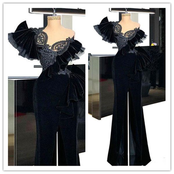 

black velvet jumpsuits prom dresses 2021 jewel neck lace appliqued floor length evening dress women occasion pageant gowns, Black;red